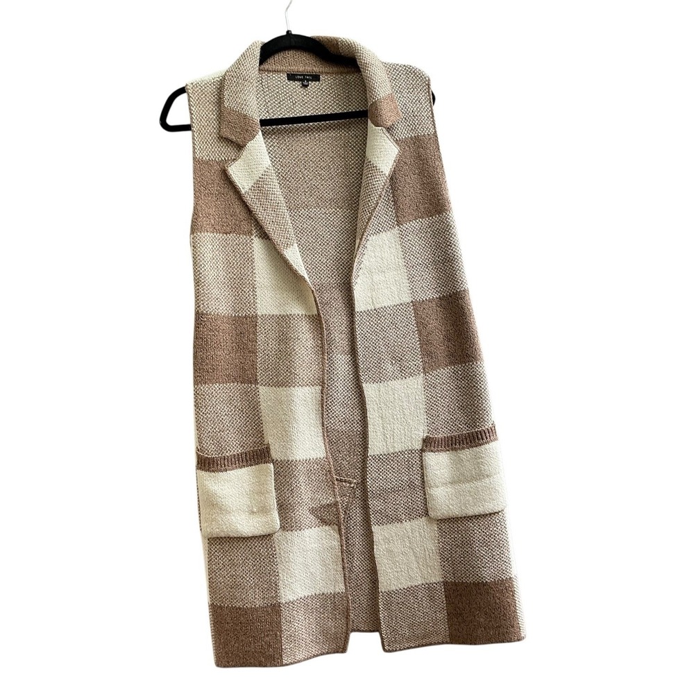 Love Tree Sweater Vest Woman's Small Beige Plaid Pockets Sleeveless Collared